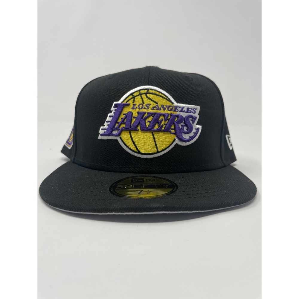 New Era LA Lakers 59Fifty Fitted Hat Black Purple Gold Los Angeles Size 7 1/2‎